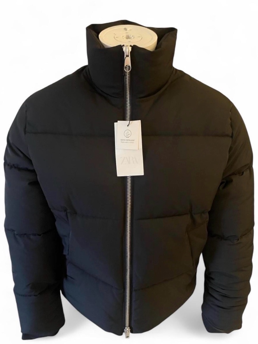 Zara Men's Black Quilted Puffer Jacket with Stand Collar